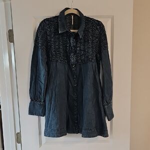 Free People Textured Blue Denim Buttom Down Dress